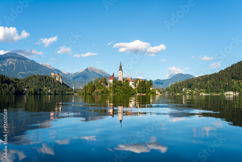 Island on lake Bled, autumn time. Panoramic view of Lake Bled located in Slovenia Europe.