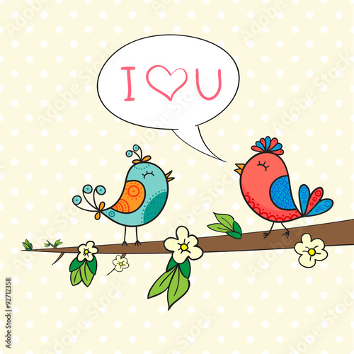Cute bird couple on blossom branch. Doodle vector illustration