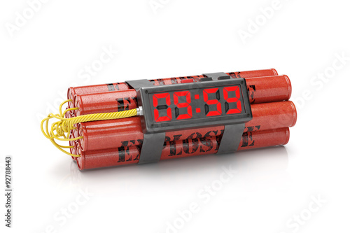 Explosives with alarm clock detonator isolated on white backgrou