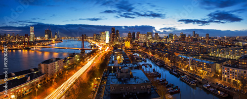 Beautiful aerial view of the skyline of Rotterdam, the Netherlands, at twilight