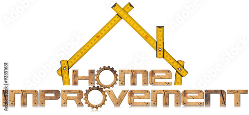 Home Improvement Symbol with Wooden Gears / Wooden symbol with text Home Improvement, wooden gears and wooden meter ruler in the shape of house. Isolated on white background