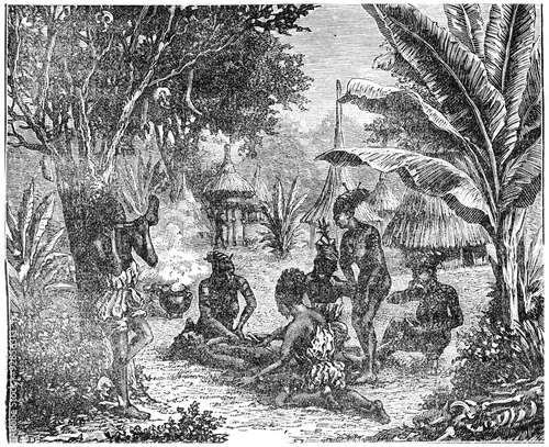 Cannibals of Central Africa in 1870, vintage engraving.