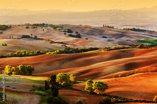 Tuscany countryside landscape at sunrise, Italy