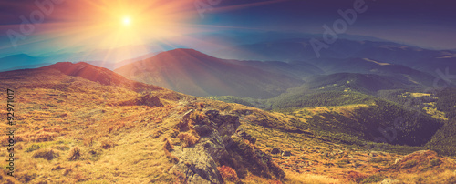 Beautiful panoramic landscape in the mountains at sunshine.