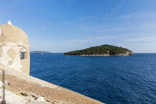 View of Lokrum Island from the city walls in Dubrovnik, Croatia.