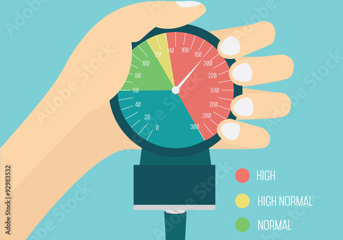 High blood pressure conceptual illustration. Hand is holding aneroid gauge