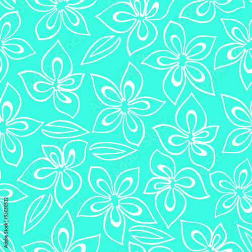 Seamless floral pattern with white abstract flowers painted on a turquoise background