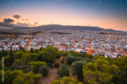 Morning view of Athens from Filopappou hill, Greece.