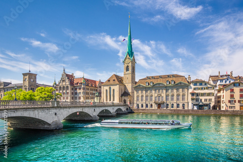 Zürich city center with boat on river Limmat, Switzerland