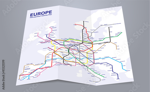 Europe subway map. Folded paper map of a fictional european subway system.