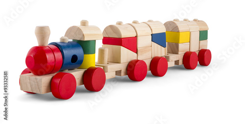 Wooden toy train with colorful blocs isolated over white