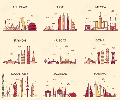 Arabian peninsula skylines line art style vector
