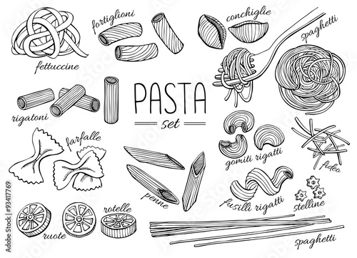 Vector hand drawn pasta set. Vintage line art illustration