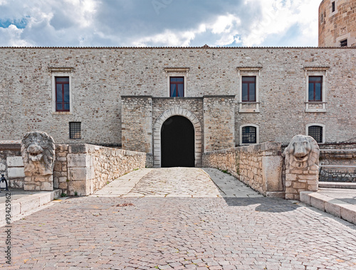 entrance with lions of castle aragonese of Venosa in Basilicata, Italy