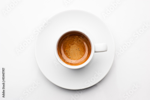 top view a cup of espresso coffee isolated on white background