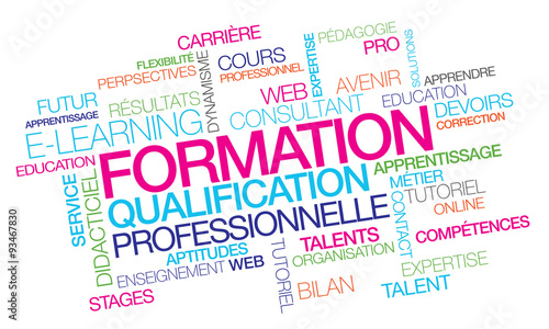 Formation professionnelle qualification emploi pro e-learning à distance compétences nuages de mots couleurs texte multicolore