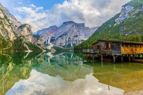Braies Lake in Dolomites mountains, Seekofel in background, Sudtirol, Italy 