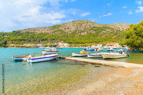 Fishing boats on sea water in Posidonio bay, Samos island, Greece