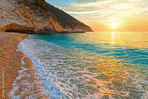 Sunset on Myrtos Beach (Greece, Kefalonia, Ionian Sea).