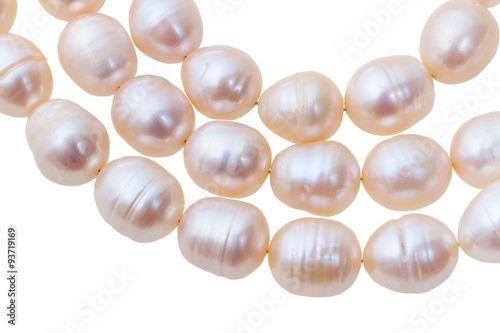 three strings of beads from pink river pearls