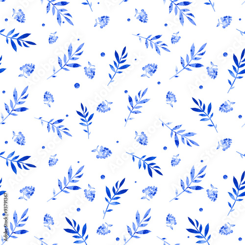 Seamless pattern of bilberry and leaves. Fun colorful pattern. Bright blue watercolor texture. You can use the prints for fabric, paper and so on.