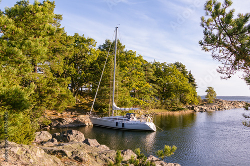 At anchor at one of the small rocky island in the Stockholm arch