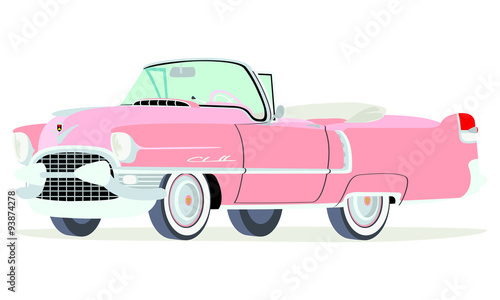 Caricatura Cadillac convertible abierto 1955 rosado vista frontal y lateral