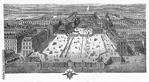 Engraving of the main court of the palace of Versailles France, a symbol of absolute monarchy, in 1715