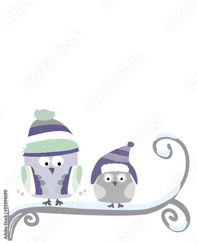 małe sowy w czapkach siedzące na gałęzi / zima i śnieg