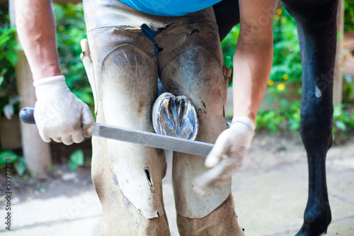 Detail of blacksmith's strong hands rasping out a horse hoof