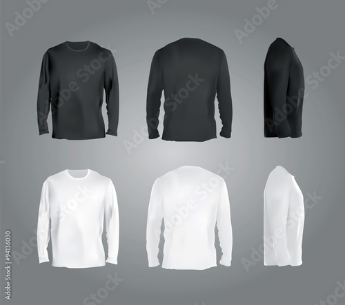 Long sleeved t-shirt templates collection, front, back, side view. Black and white colors blank shirts, vector eps10 realistic illustration.