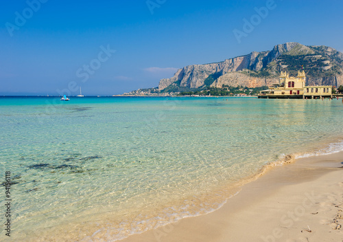 A beautifil view of Palermo from Mondello beach, Sicily, Italy.