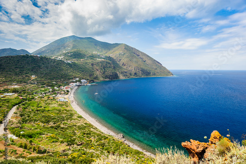 A stunning view over a hilltop on Filicudi island seashore, Sicily, Italy.