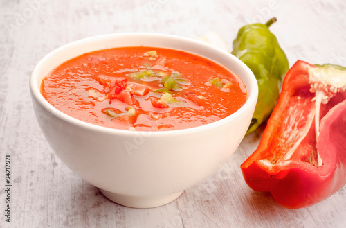 Andalusian gazpacho in white porcelain bowl