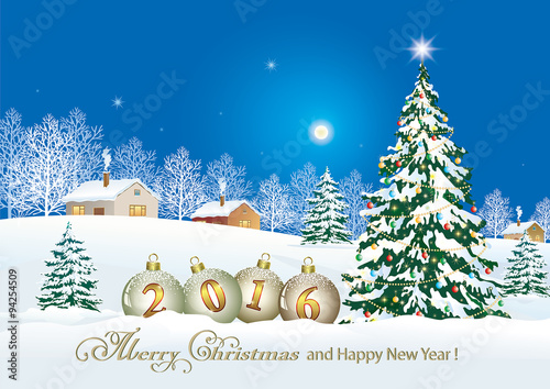   Merry Christmas and Happy New Year 2016 with a Christmas tree on a winter landscape