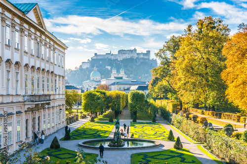 Historic city of Salzburg from famous Mirabell garden, Salzburger Land, Austria