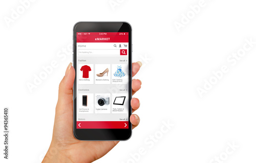 Smart phone online shopping in woman hand isolated. Buy clothes shoes accessories with e commerce web site