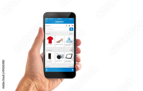 Smart phone online shopping in man hand isolated. Buy clothes shoes accessories with e commerce web site