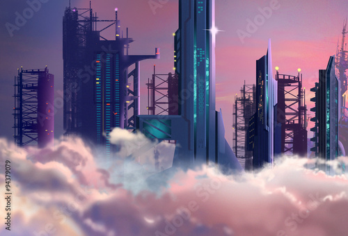 Illustration: The Future City Built High into the Clouds in 2048. Realistic Cartoon Style. Sci-Fi Scene / Wallpaper / Background Design.