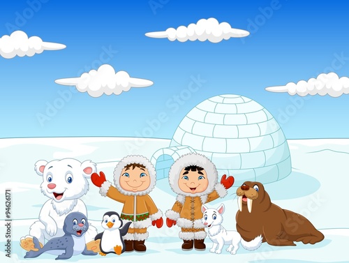 Little kids wearing traditional eskimo costume with arctic animals and igloo house background