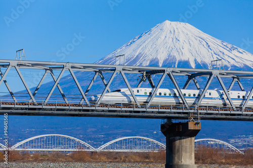 View of Mt Fuji and Tokaido Shinkansen, Shizuoka, Japan..