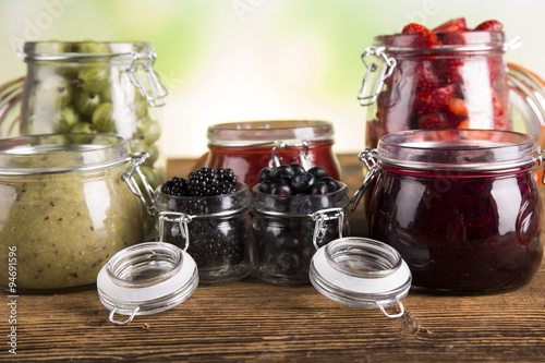 Jars of preserves, jams, fruit 