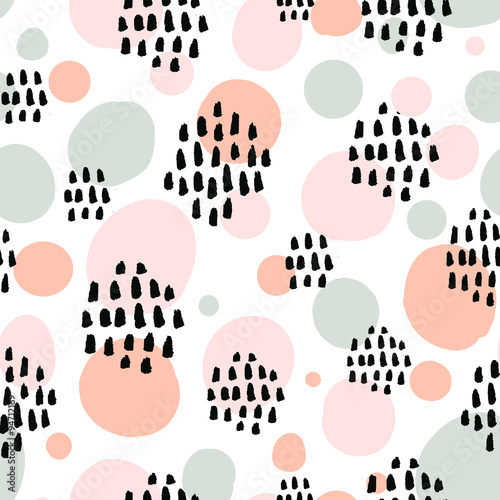 Abstract pastel seamless pattern with black marker strokes. Light blue and pink colors, spring summer fashion trendy background. Ovals and circles with hand drawn marks, vector texture