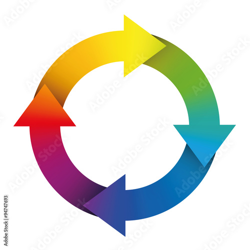 Circuit symbol with rainbow colored arrows. Illustration over white background.