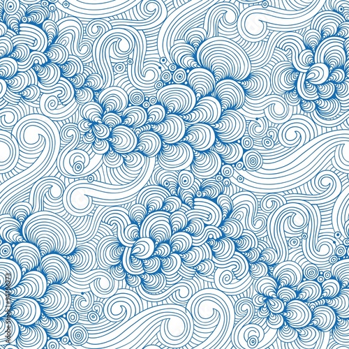 Ornamental Blue Waves and Shells Seamless Pattern