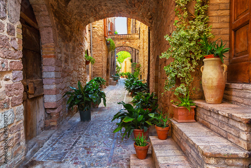 Plants in pots on narrow streets of the ancient city of Spello, Umbria, Italy