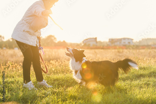 Middle age woman playing with her border collie dog