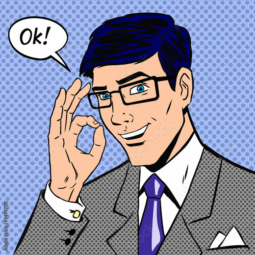 Successful businessman saying okay in vintage pop art comics style with halftone dots shading