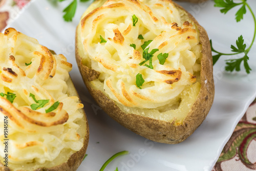 Creamy garlic twice baked potatoes.