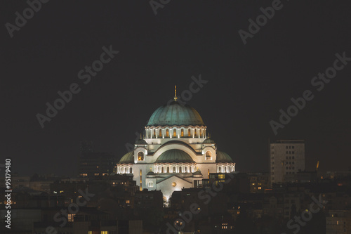 Night view of Belgrade, Serbia. The Church of Saint Sava is one of the largest Orthodox churches in the world.